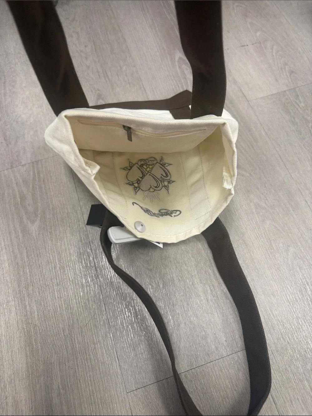 Canvas Tote Bag with Love Heart Graphic - Cream & Brown